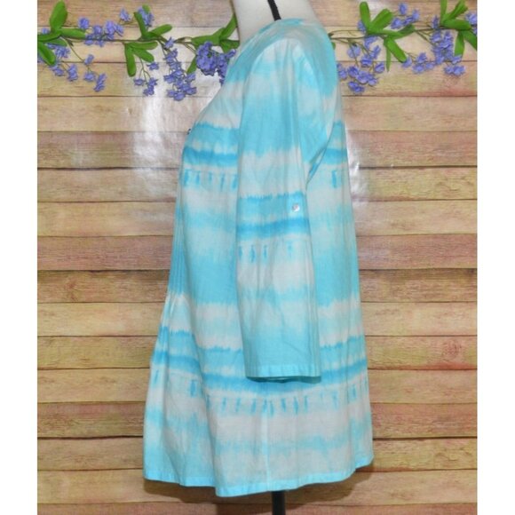 J. Jill Ladies Pintuck 3/4 Roll Tab Sleeve V-Neck Blouse Top Size M Blue & White - Picture 9 of 13